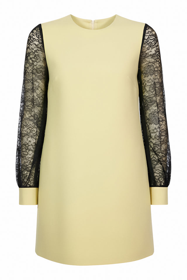 Valentino Chartreuse Mini Dress with Lace Sleeves