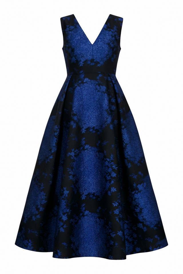 Valentino Midnight Blue Floral Brocade Sleeveless Gown