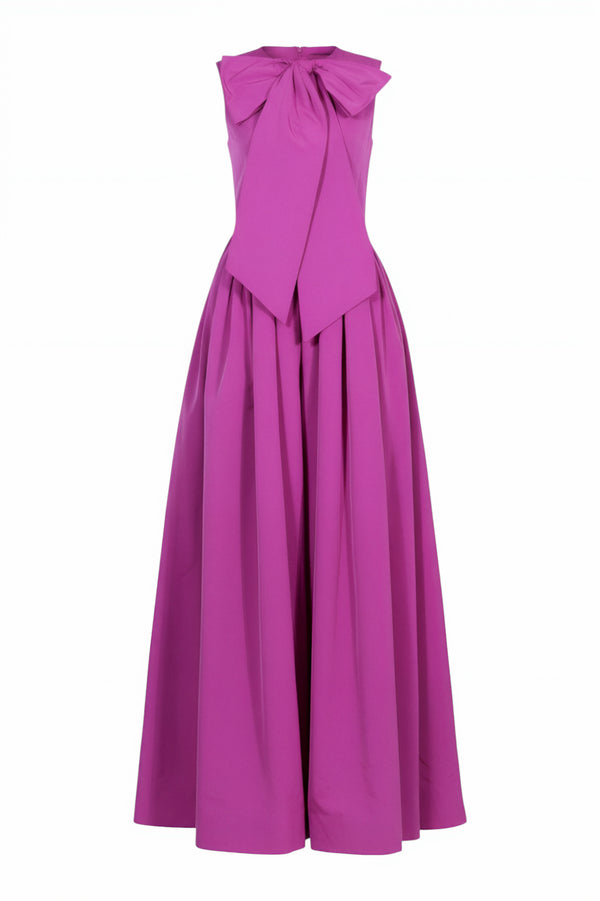 Valentino fuchsia bow-front maxi dress, product photo — oversized bow detail.