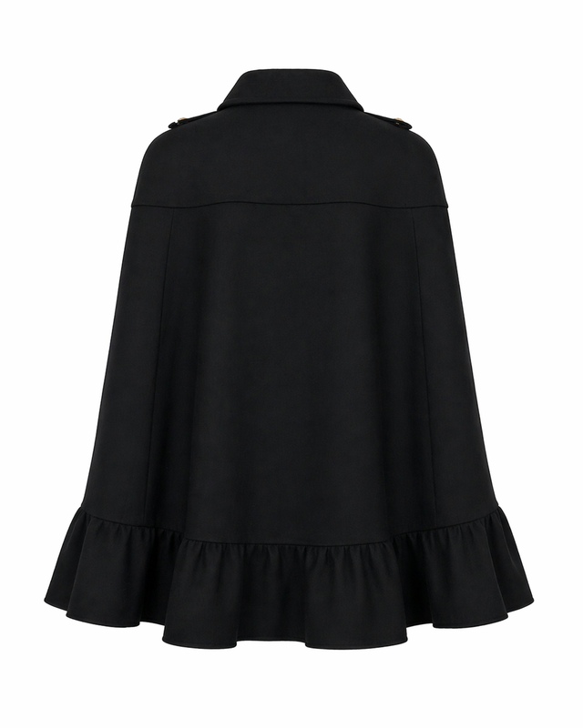 Red Valentino Cape Coat with Ruffle Hem and Gold Buttons in Black