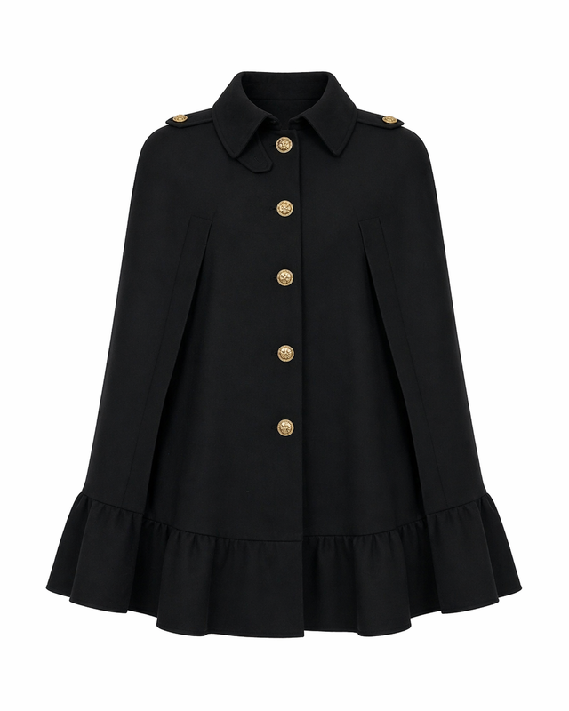 Red Valentino Cape Coat with Ruffle Hem and Gold Buttons in Black