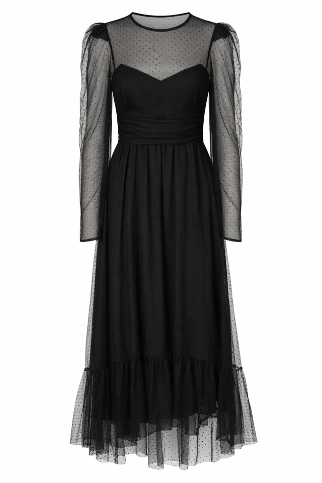 Red Valentino Sheer Polka Dot Tulle Midi Dress in Black