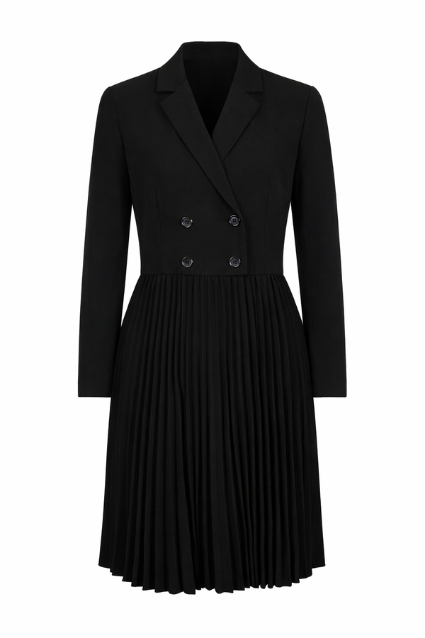 Red Valentino black double-breasted blazer dress with pleated skirt.