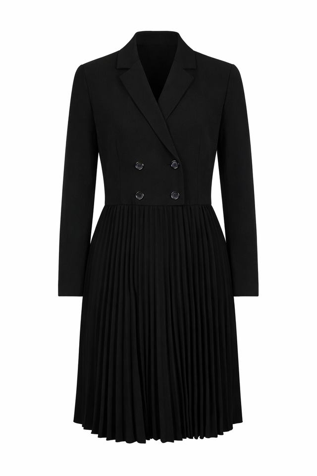 Red Valentino Double-Breasted Blazer Dress with Pleated Skirt in Black