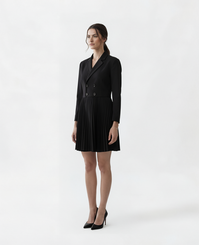 Red Valentino Double-Breasted Blazer Dress with Pleated Skirt in Black