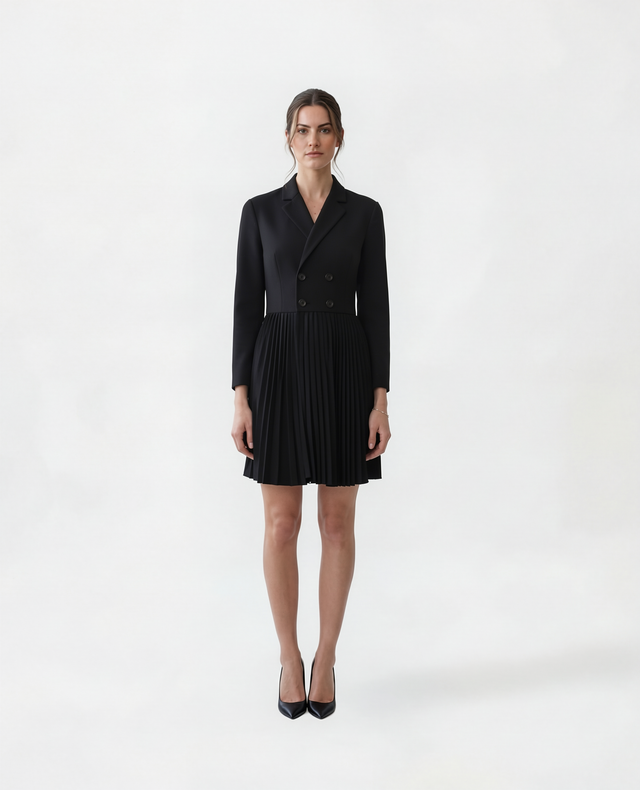 Red Valentino Double-Breasted Blazer Dress with Pleated Skirt in Black