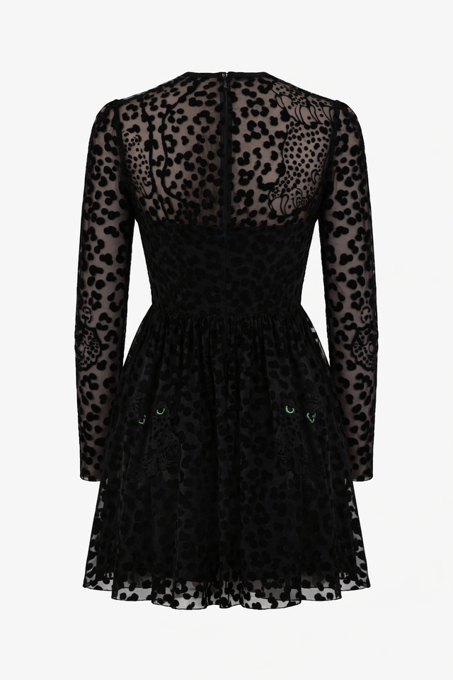 Red Valentino Black Sheer Leopard Tulle Dress with Panther Motif