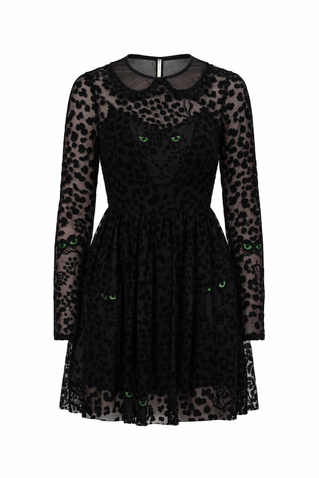 Red Valentino Black Sheer Leopard Tulle Dress with Panther Motif