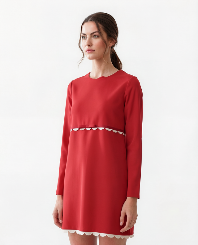 Red Valentino Scalloped Trim Bow Mini Dress in Red