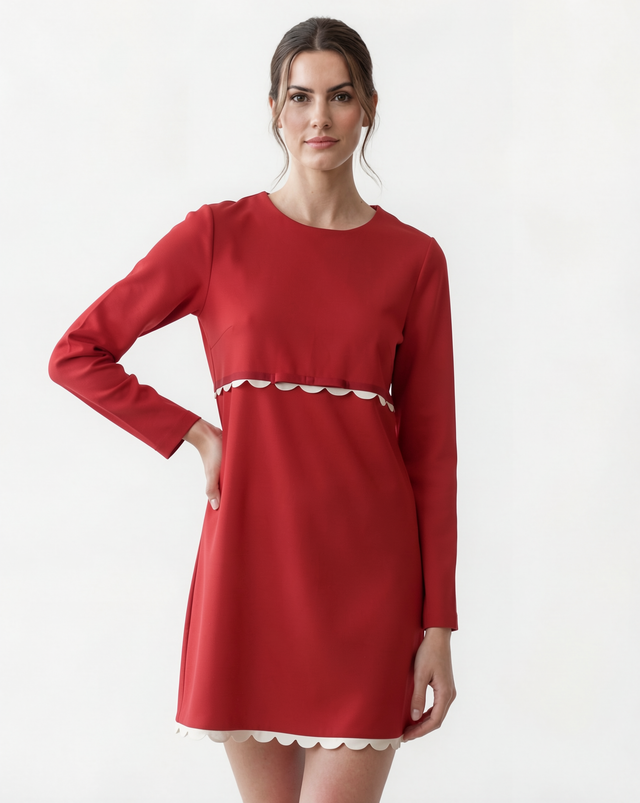 Red Valentino Scalloped Trim Bow Mini Dress in Red