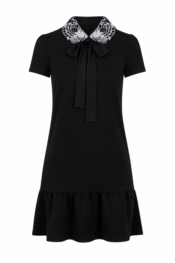 Red Valentino black mini dress with leopard-print collar and bow tie.