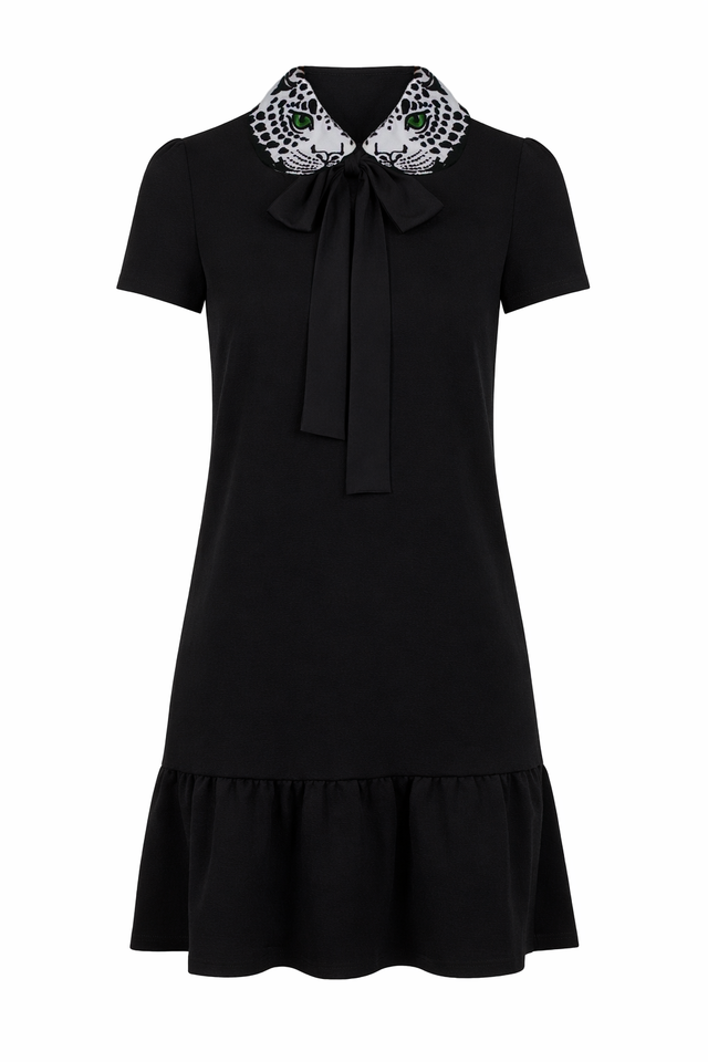 Red Valentino Black Dress with Leopard Collar & Bow Tie