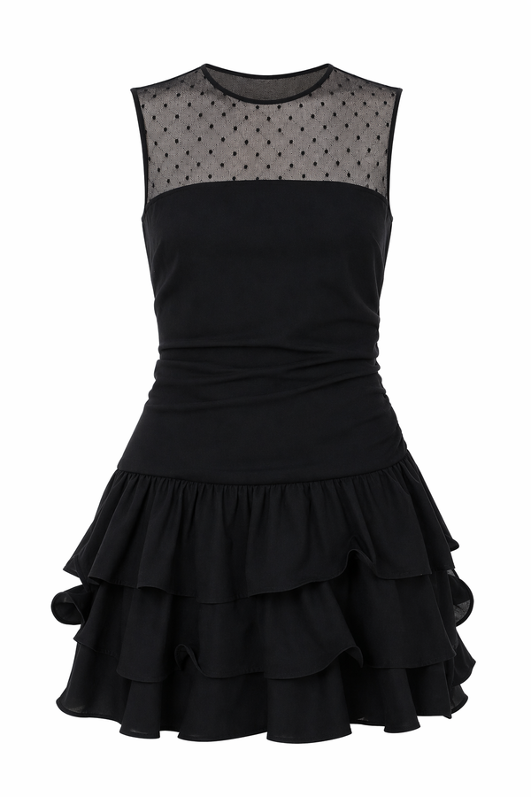 Red Valentino black mini dress with polka dot tulle yoke and ruffle skirt.