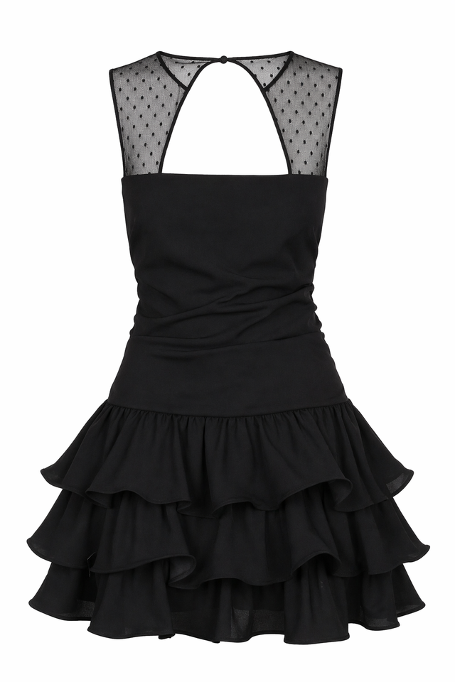 Red Valentino Sheer Polka Dot Yoke Ruffle Mini Dress in Black