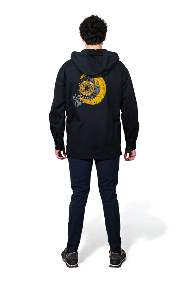 Valentino Men’s Black Hooded Jacket with Green & Silver Graphic Embroidery