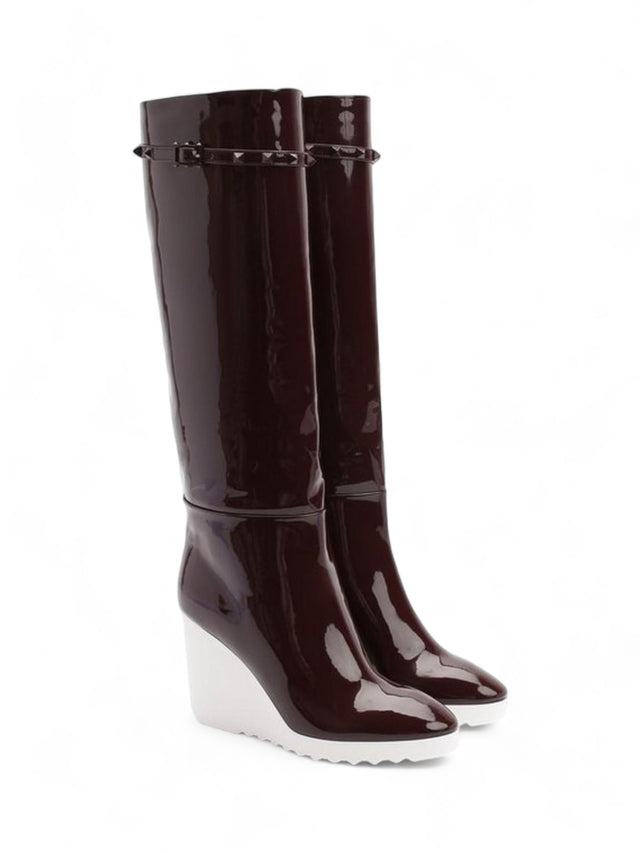 Valentino Garavani Women's Burgundy Patent Leather Wedge Boots