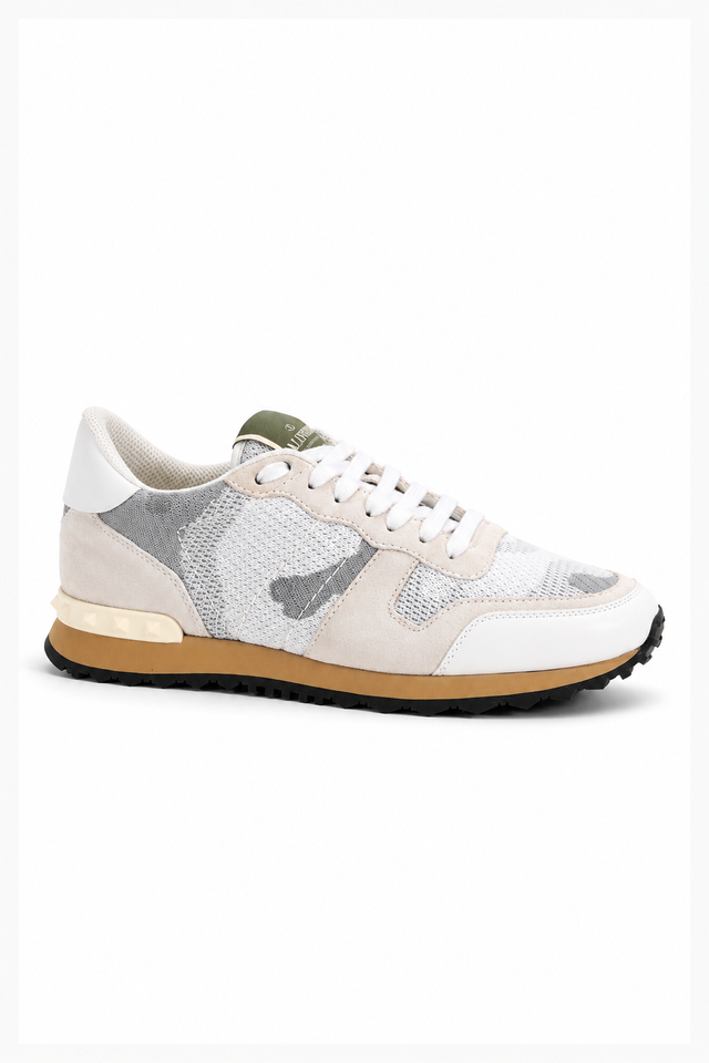Valentino Garavani Camouflage Mesh Low-Top Sneakers in White/Grey