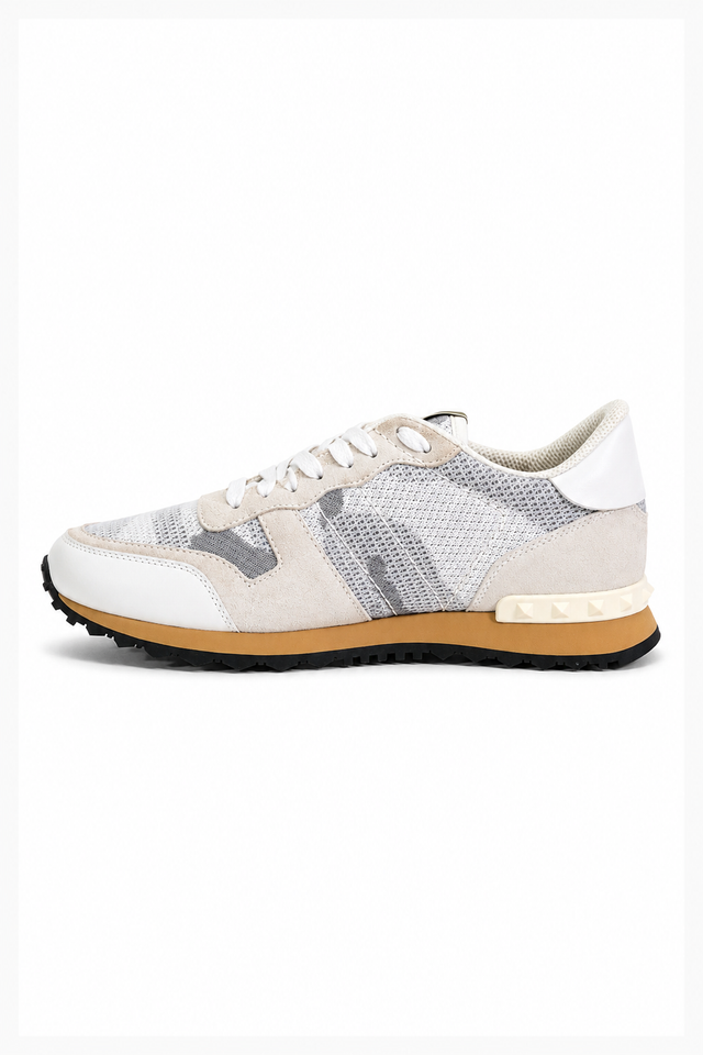 Valentino Garavani Camouflage Mesh Low-Top Sneakers in White/Grey