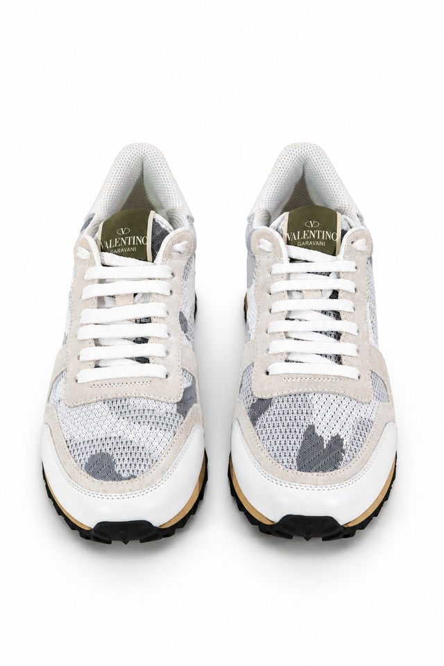 Valentino Garavani Camouflage Mesh Low-Top Sneakers in White/Grey