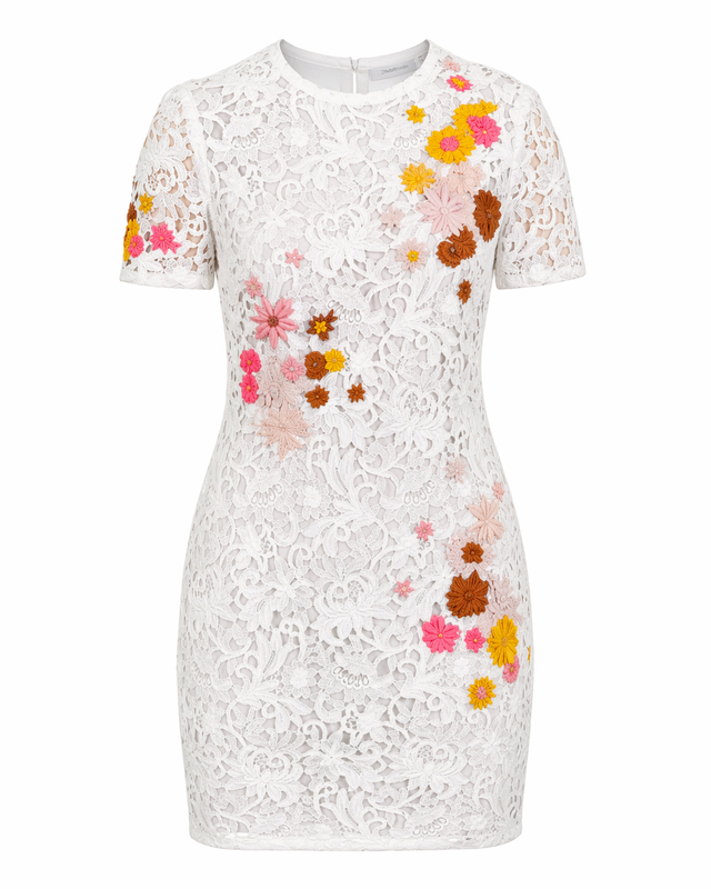 Valentino Lace Mini Dress with 3D Floral Appliqué in White