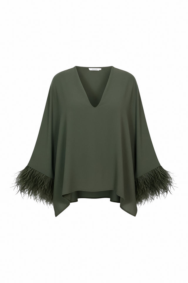 Valentino V-Neck Blouse with Feather Trim Sleeves in Olive