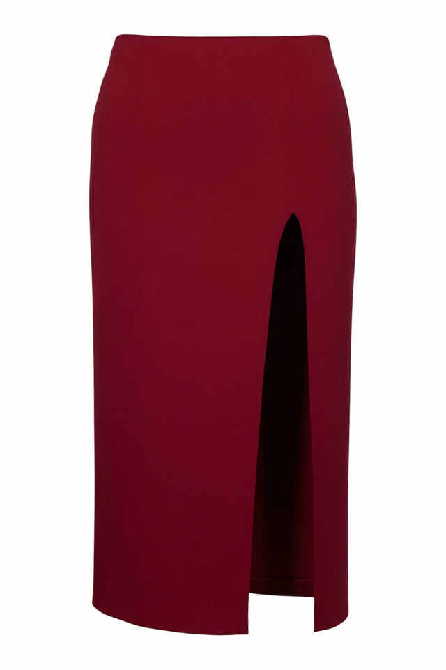 Valentino Burgundy High-Slit Pencil Skirt