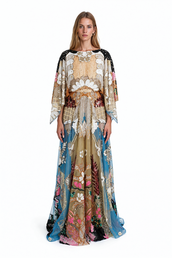 Valentino embellished silk tulle kimono gown in turquoise, champagne and blush with sequin and bead embroidery