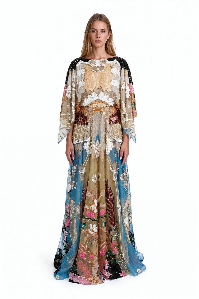 Valentino embellished silk tulle kimono gown in turquoise, champagne and blush with sequin and bead embroidery