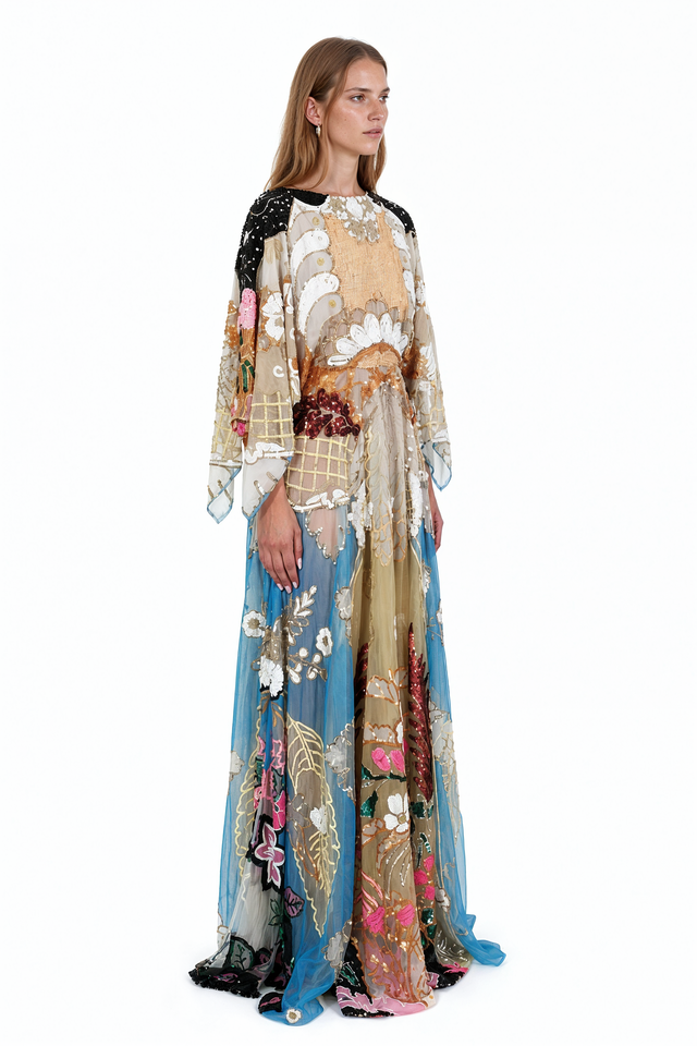 Valentino embellished silk tulle kimono gown in turquoise, champagne and blush with sequin and bead embroidery