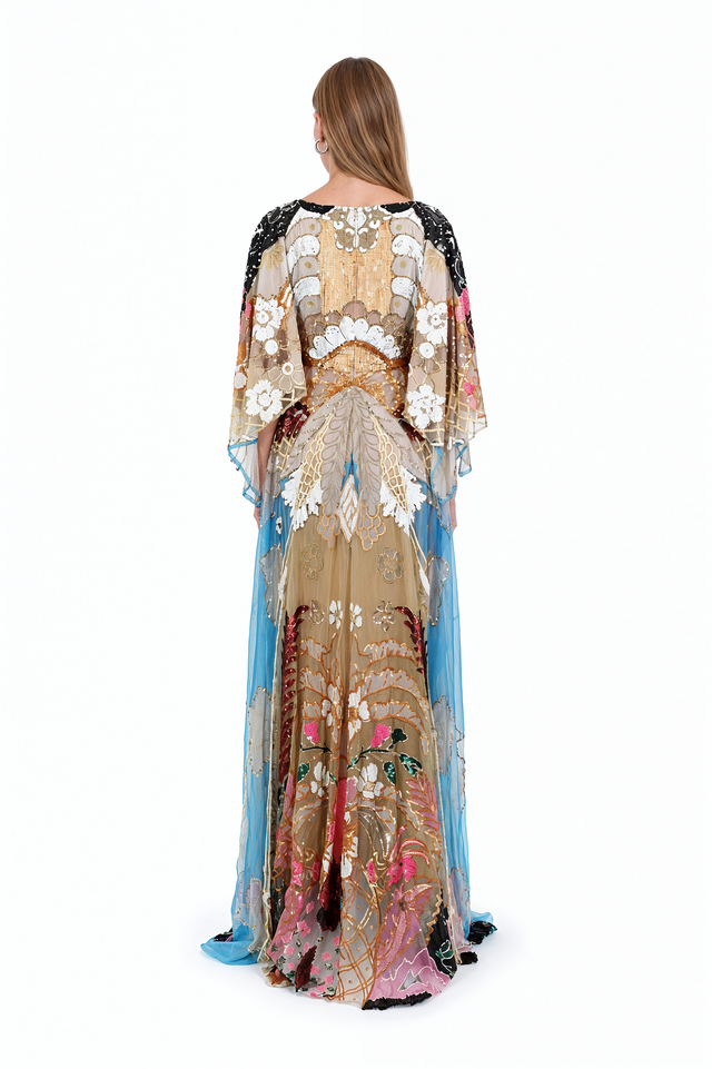 Valentino embellished silk tulle kimono gown in turquoise, champagne and blush with sequin and bead embroidery