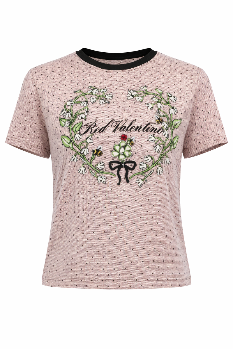 Red Valentino Embroidered Floral Logo T-Shirt in Blush Polka Dot