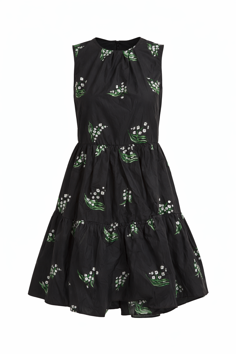 Red Valentino Floral Print Tiered Mini Dress in Black