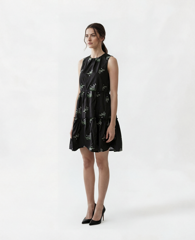 Red Valentino Floral Print Tiered Mini Dress in Black