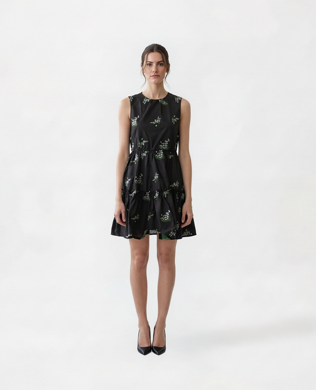 Red Valentino Floral Print Tiered Mini Dress in Black
