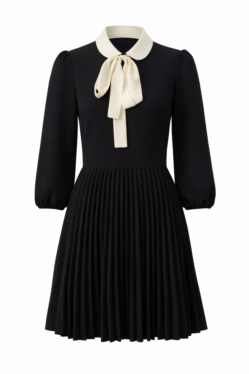 Red Valentino Pleated Mini Dress with Contrast Collar and Bow in Black & Ivory