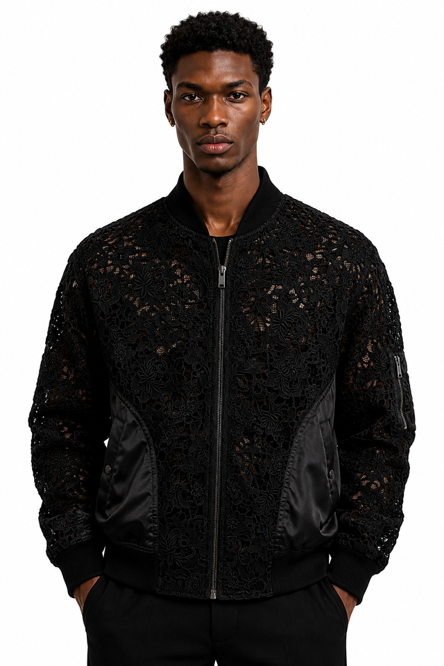 Valentino Men’s Black Lace Overlay Bomber Jacket