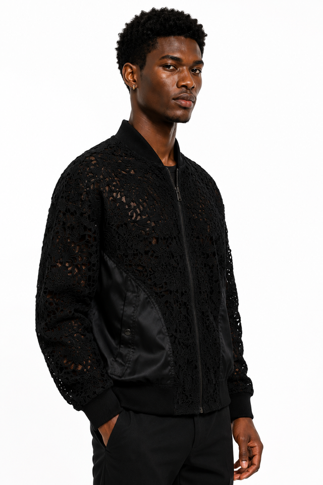 Valentino Men’s Black Lace Overlay Bomber Jacket