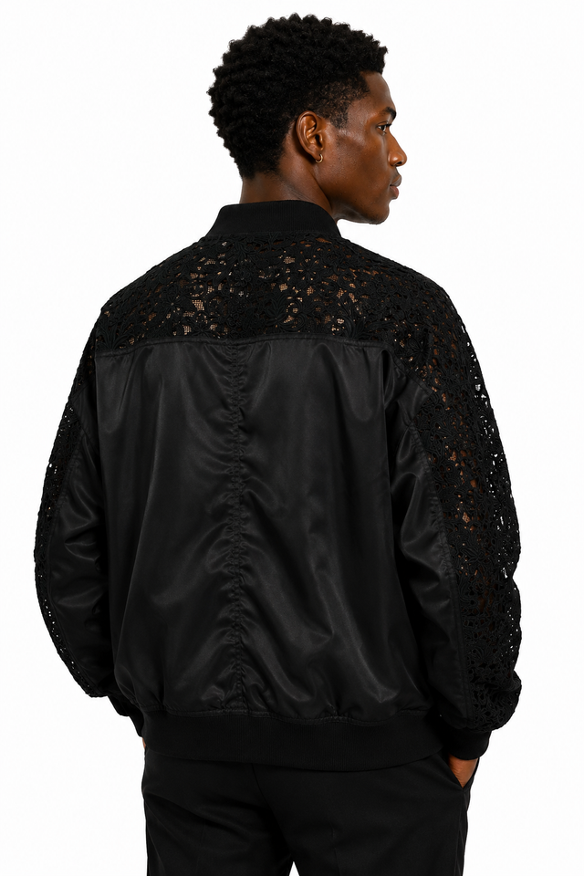 Valentino Men’s Black Lace Overlay Bomber Jacket