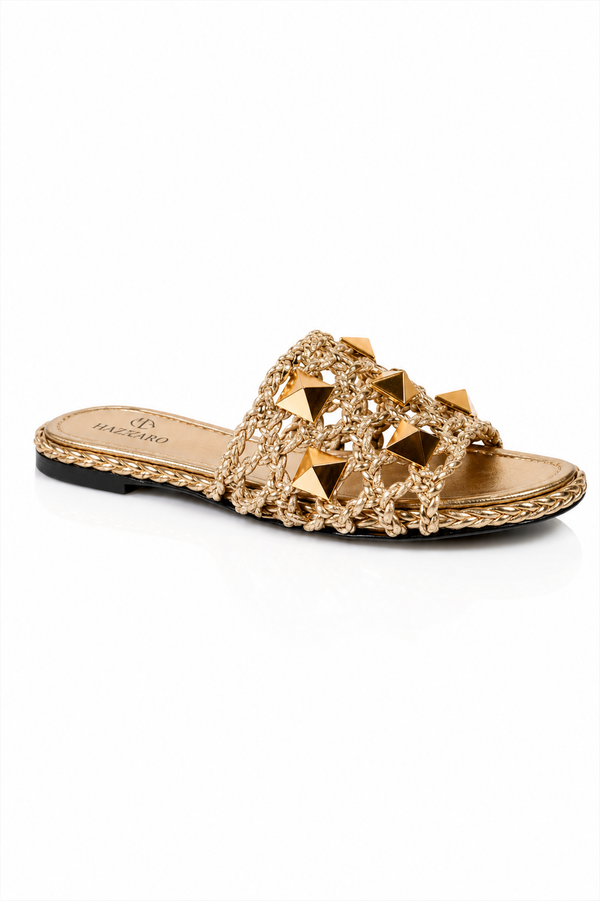 Valentino Garavani gold woven Rockstud open-toe slide sandals