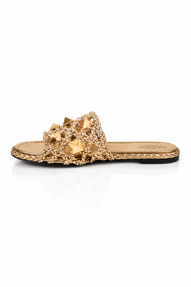 Valentino Garavani Gold Rockstud Woven Slide Sandals