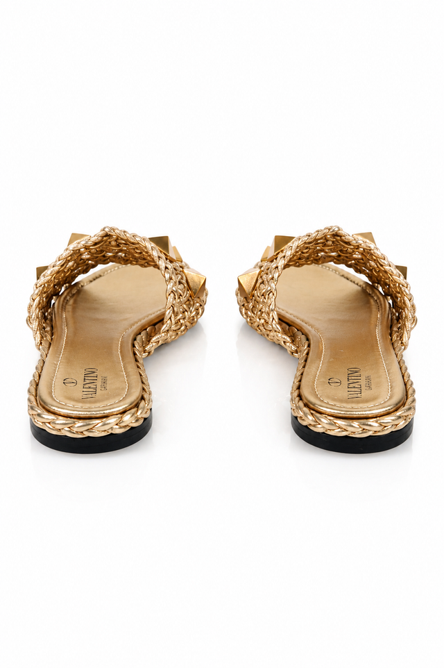Valentino Garavani Gold Rockstud Woven Slide Sandals