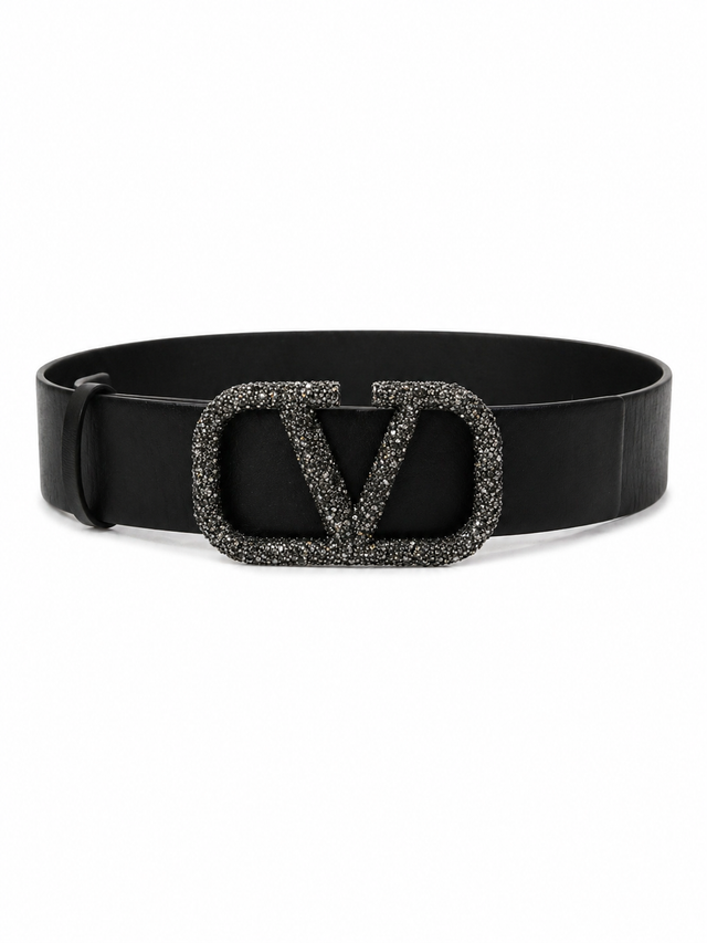 Valentino Garavani VLogo Signature Crystal Leather Belt 40mm Black Gunmetal Buckle