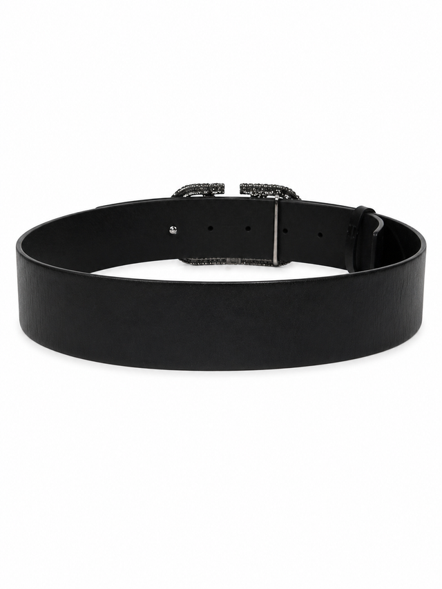 Valentino Garavani VLogo Signature Crystal Leather Belt 40mm Black Gunmetal Buckle
