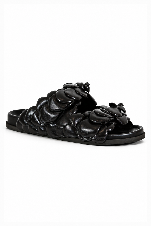 Valentino Garavani Floral-Appliqué Leather Slide Sandals in Ebony