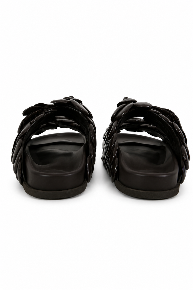 Valentino Garavani Floral-Appliqué Leather Slide Sandals in Ebony