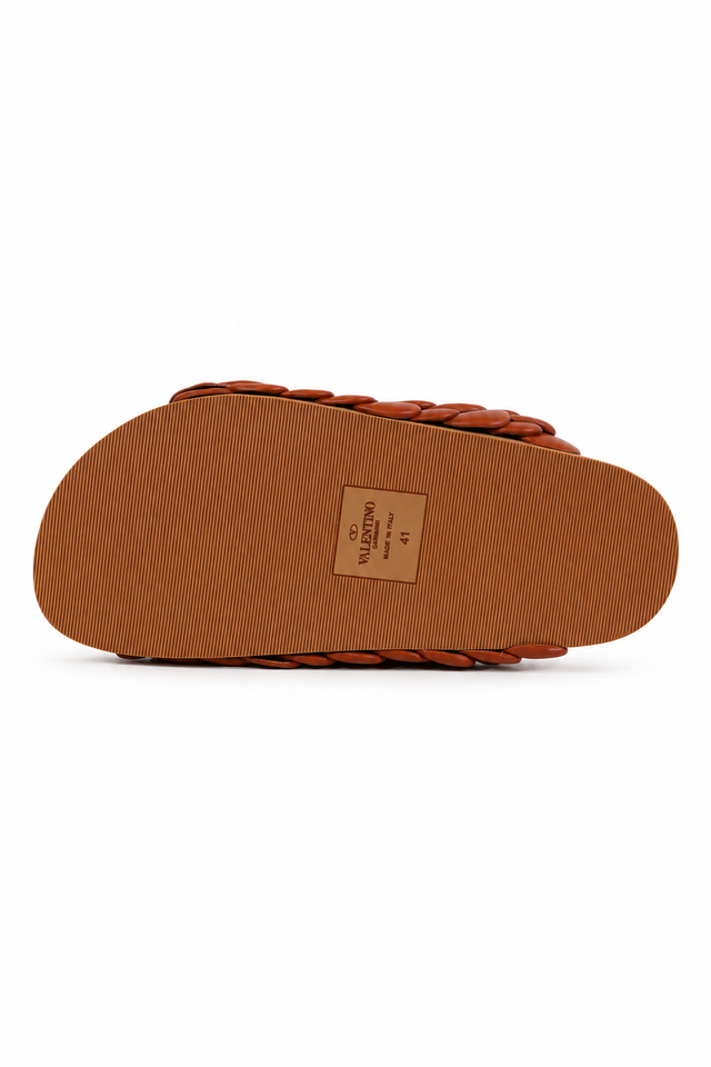 Valentino Garavani Atelier Rose Leather Slide Sandals in Cognac Brown