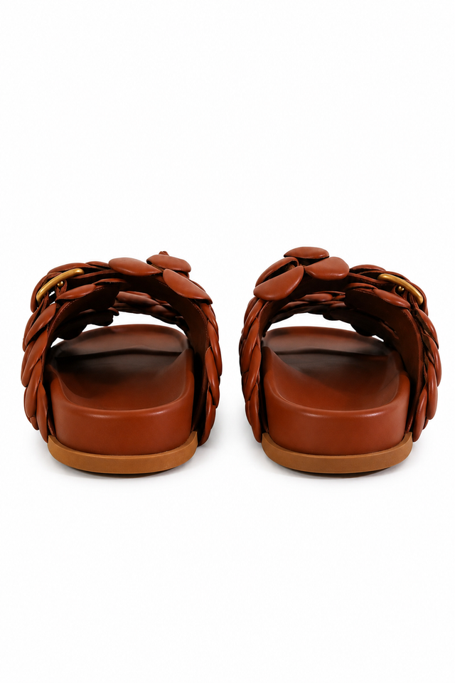 Valentino Garavani Atelier Rose Leather Slide Sandals in Cognac Brown