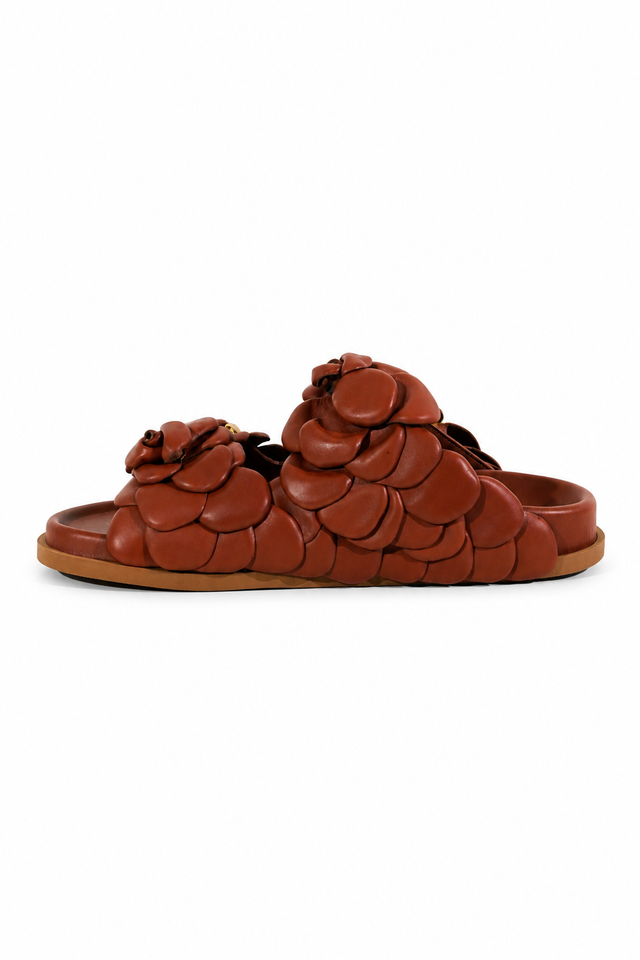 Valentino Garavani Atelier Rose Leather Slide Sandals in Cognac Brown