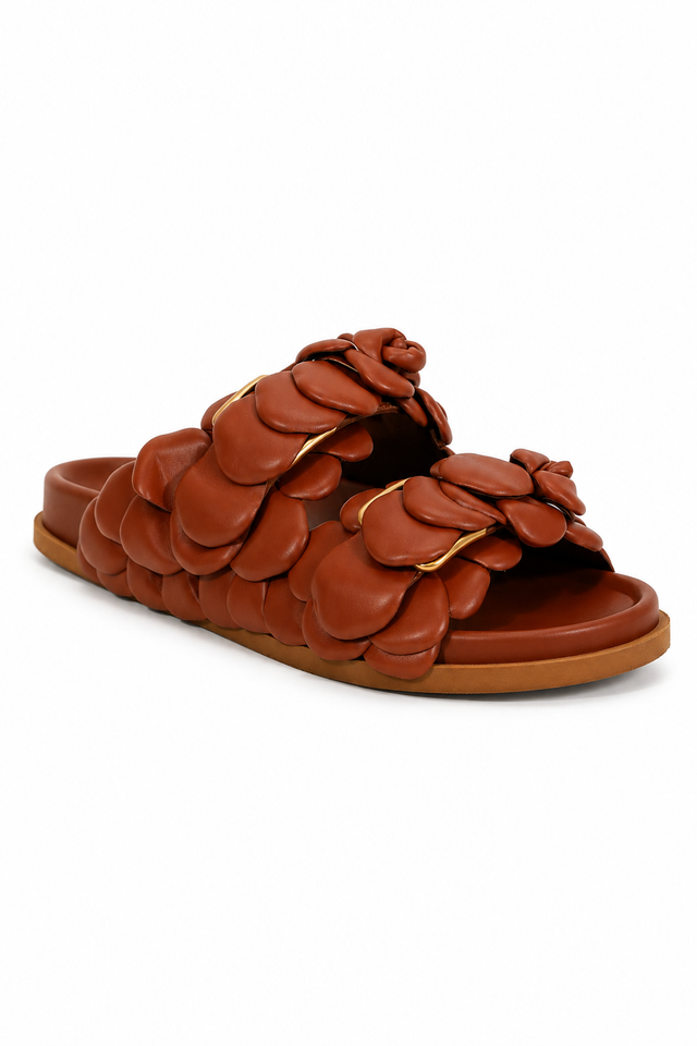 Valentino Garavani Atelier Rose Leather Slide Sandals in Cognac Brown