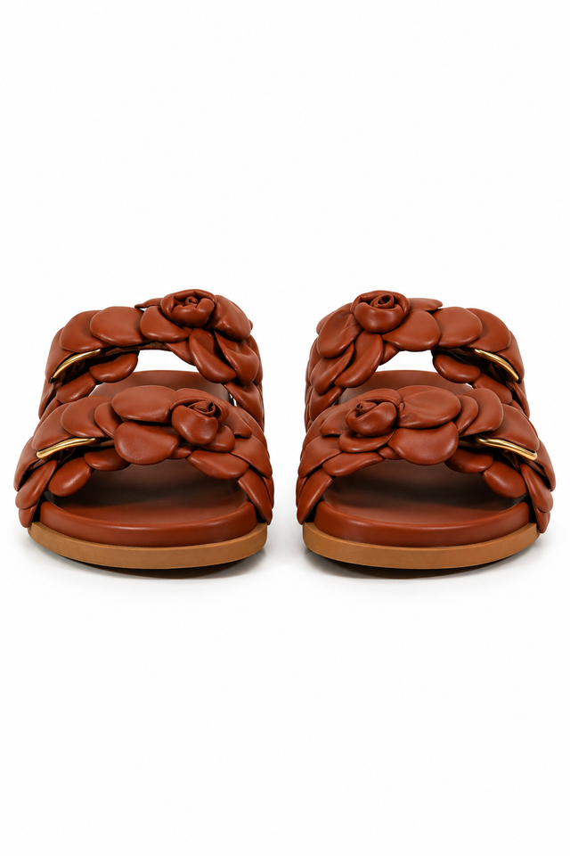 Valentino Garavani Atelier Rose Leather Slide Sandals in Cognac Brown